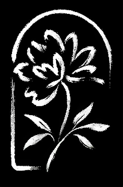 Black and white floral illustration on black background.