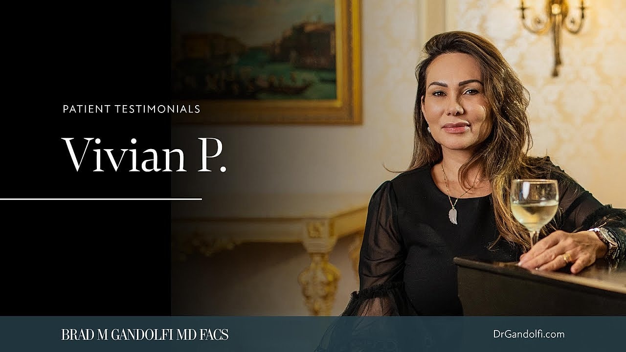 Patient testimonial featuring Vivian P. with drink.