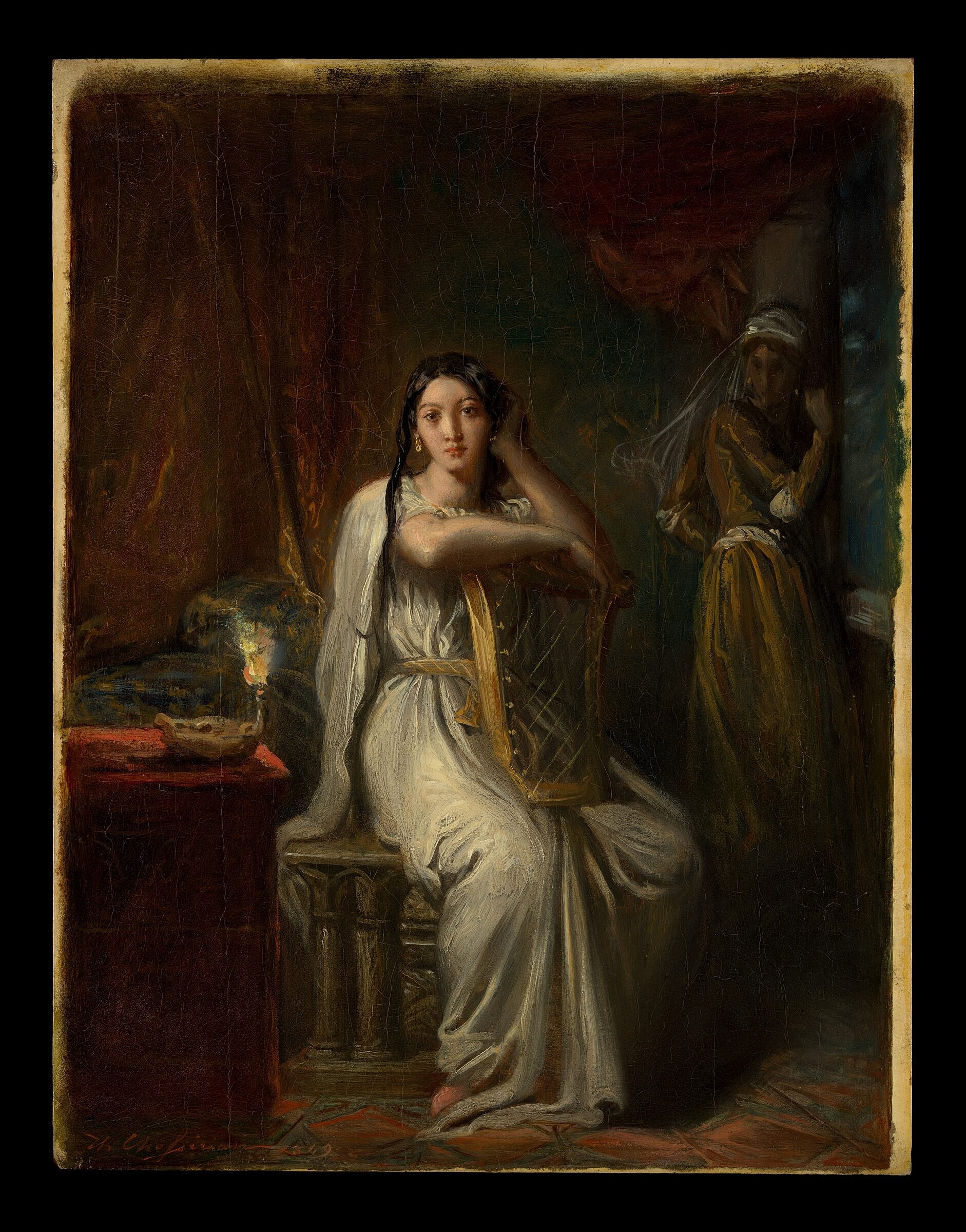 Woman in white dress playing a harp.