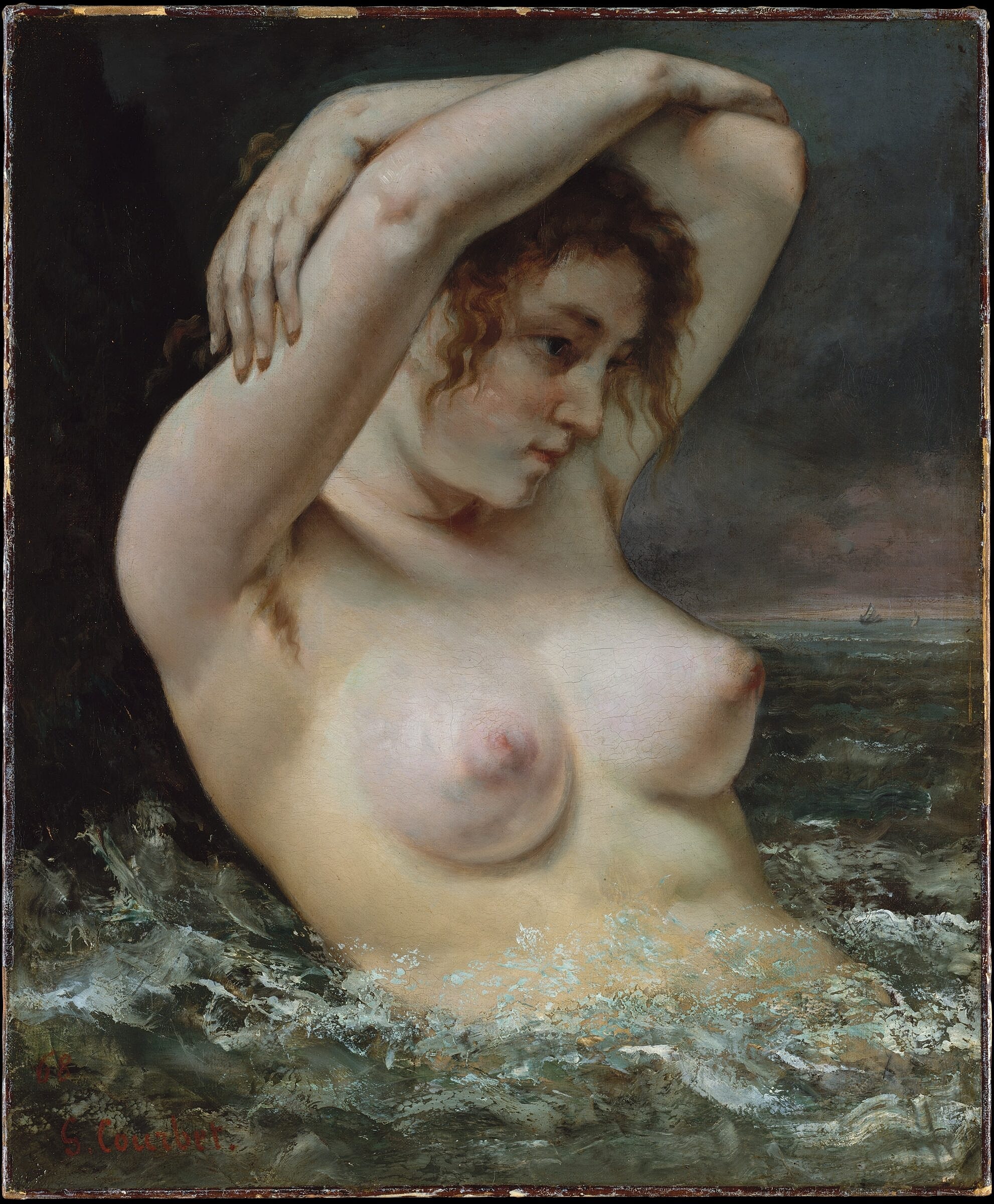 Nude woman emerging from turbulent waters.