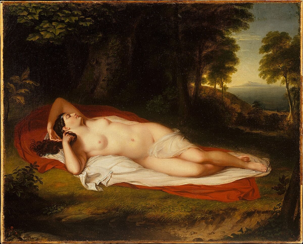 Reclining nude woman on draped fabric outdoors.