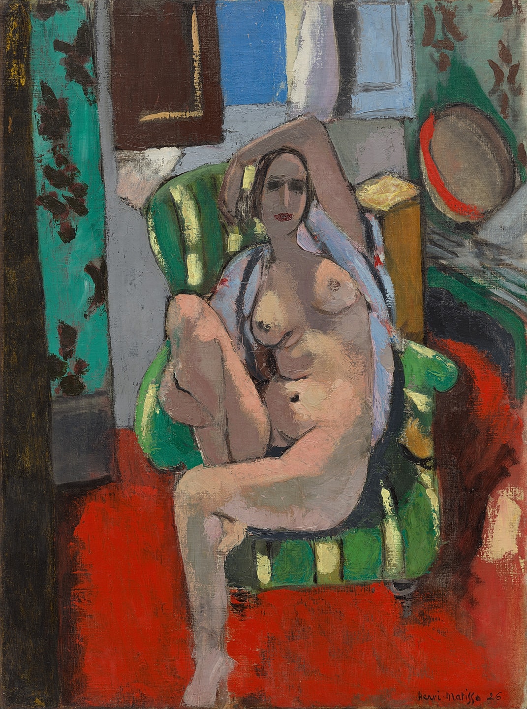 Nude woman seated on green chair, vibrant colors.