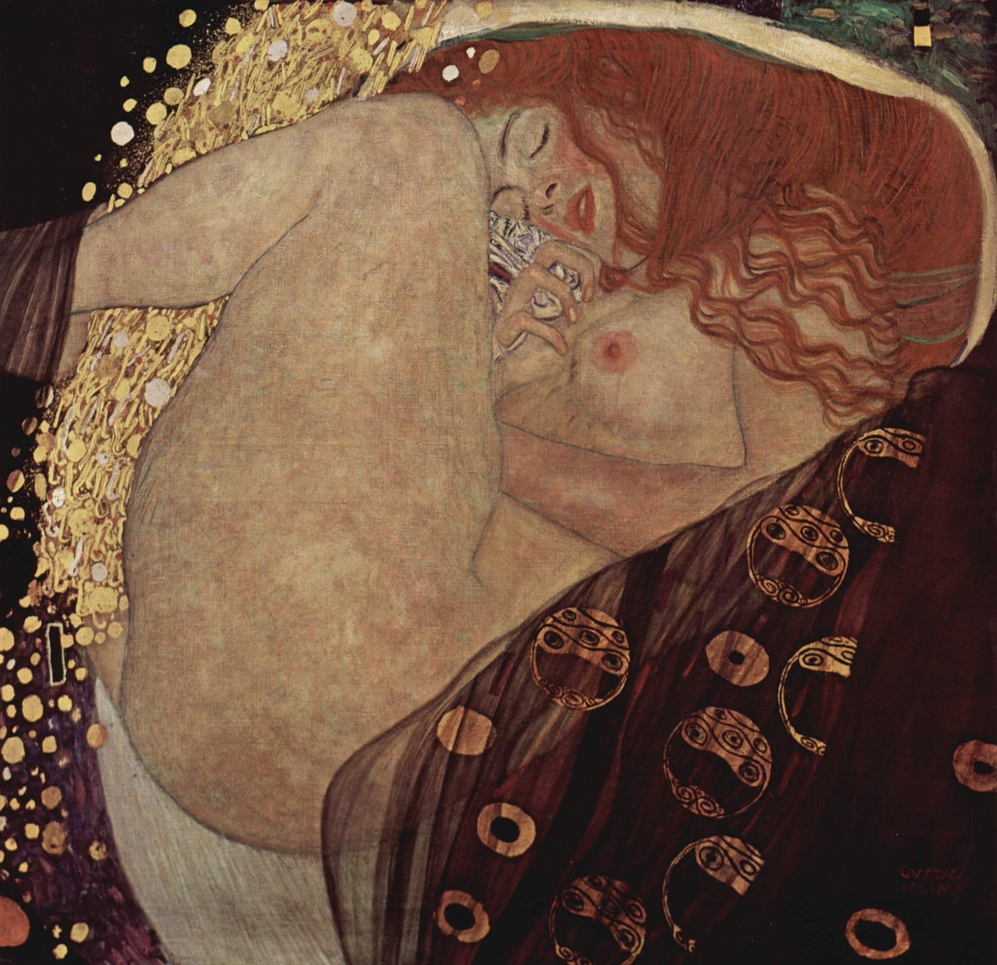 Nude woman embracing in a decorative background.