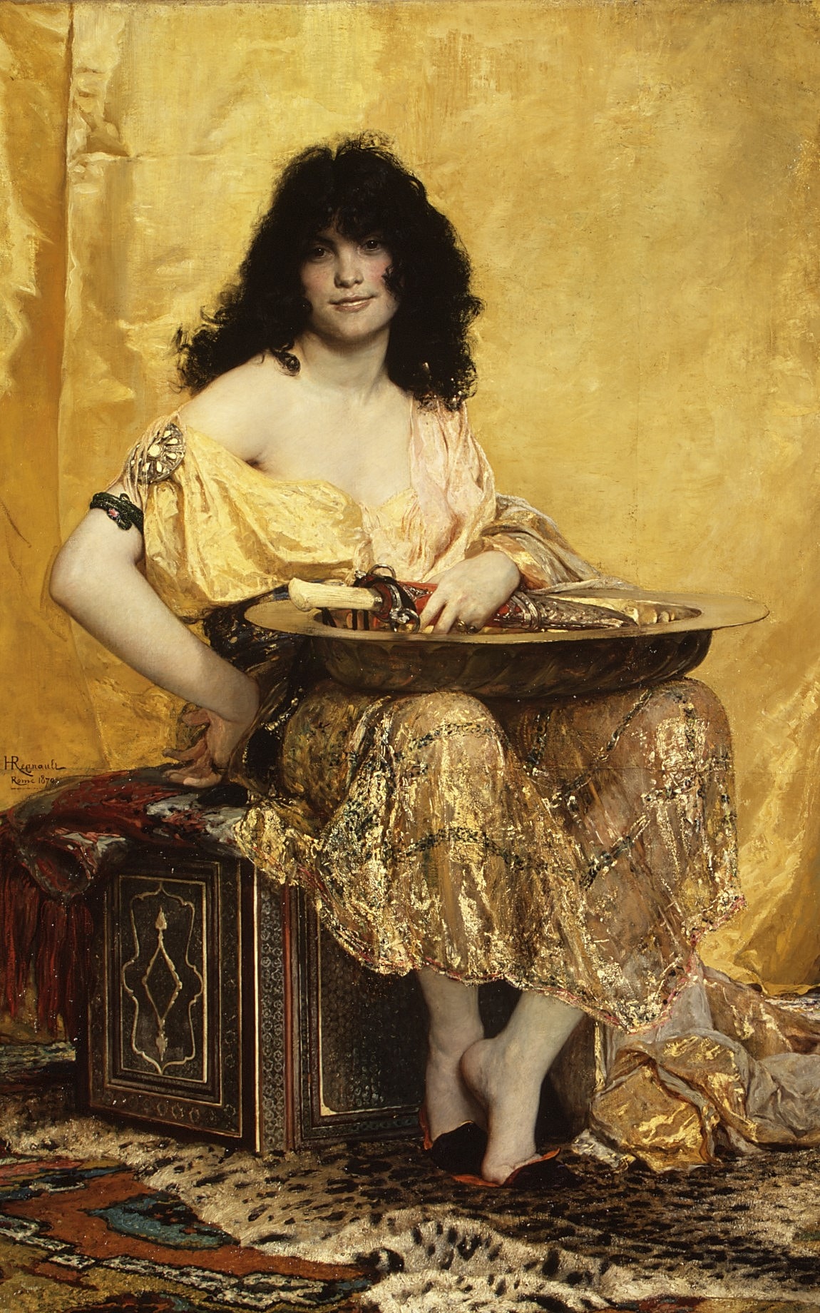 Woman in ornate clothing against golden background.