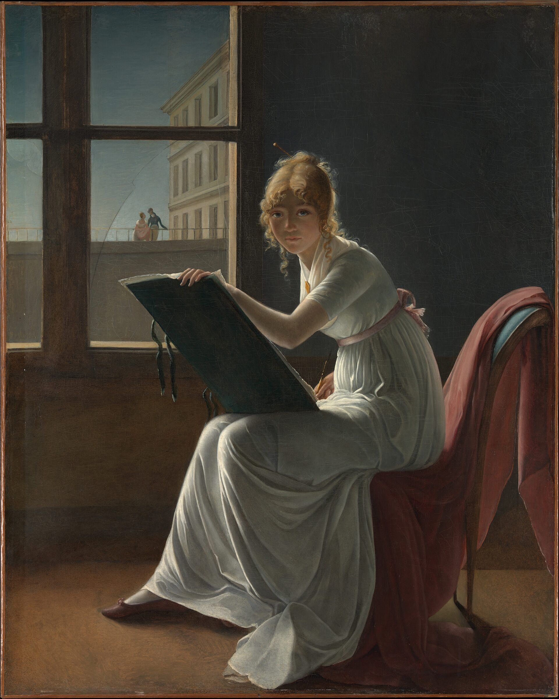 Woman sketching by a window, observing outside.