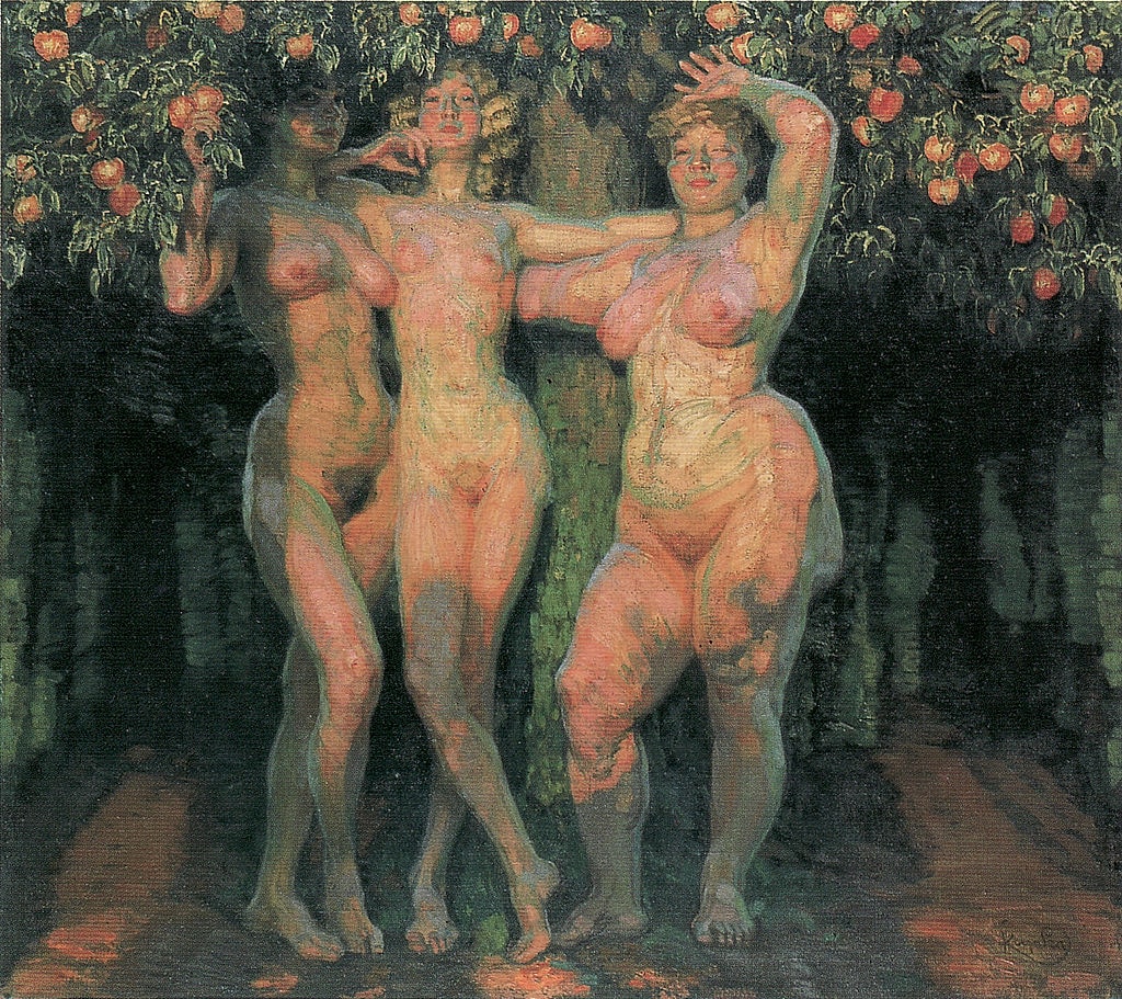 Nude figures among apple trees in soft lighting.