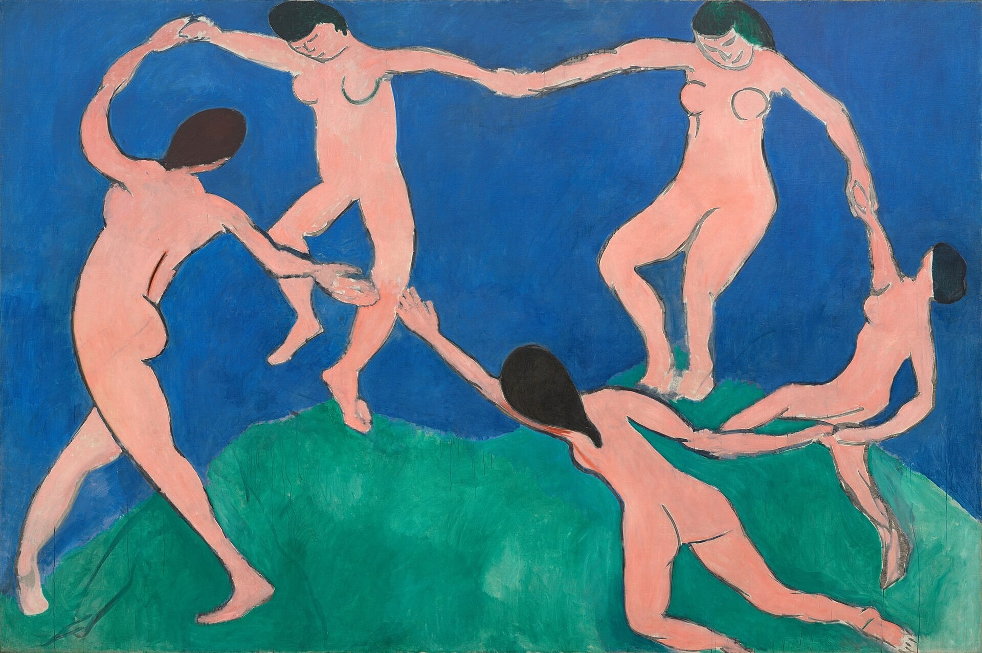 Dancers intertwining against a blue background.