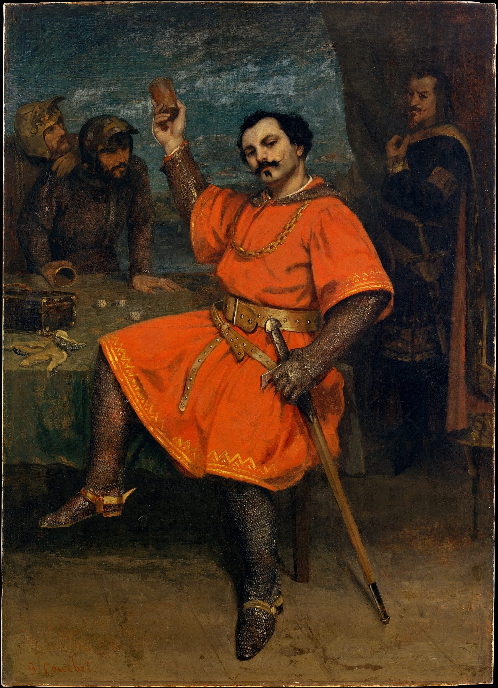 Feasting man in medieval attire, raising a mug.