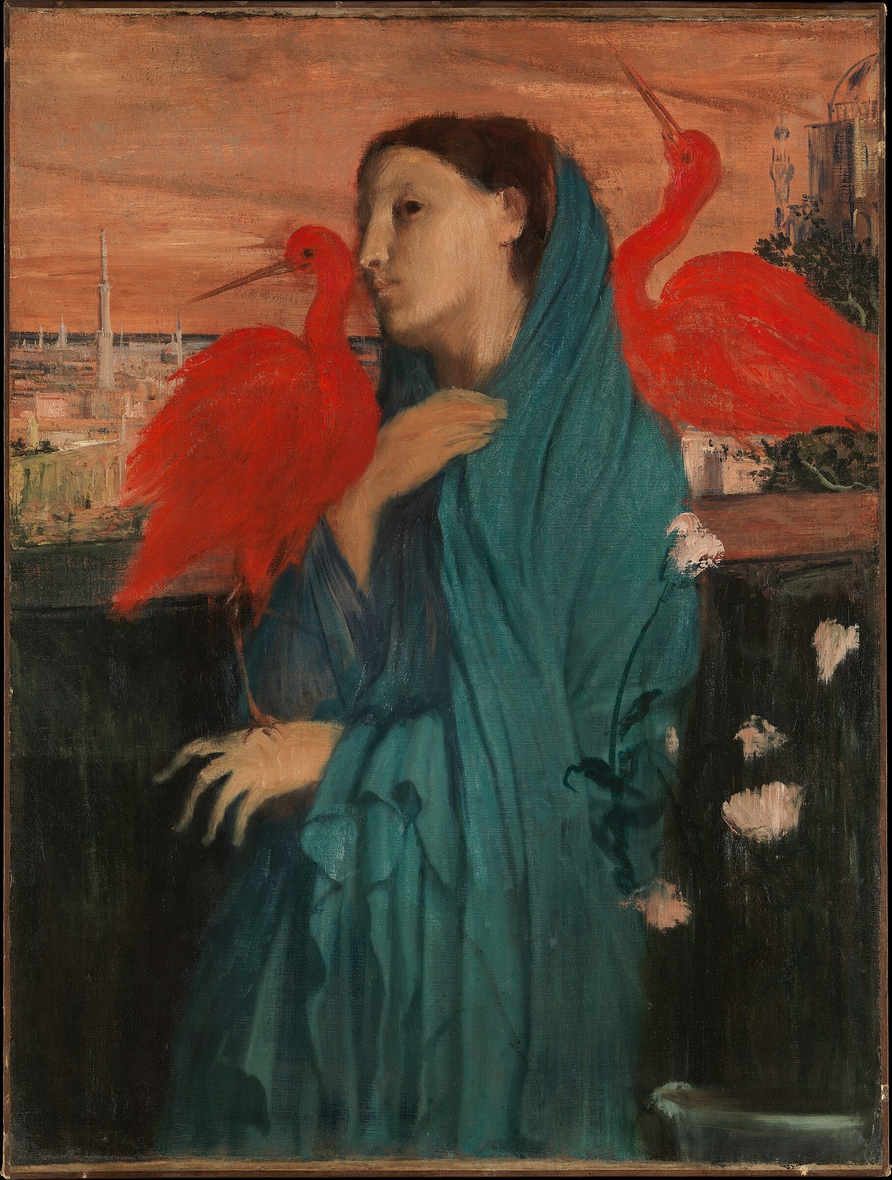Woman in blue with red birds background.