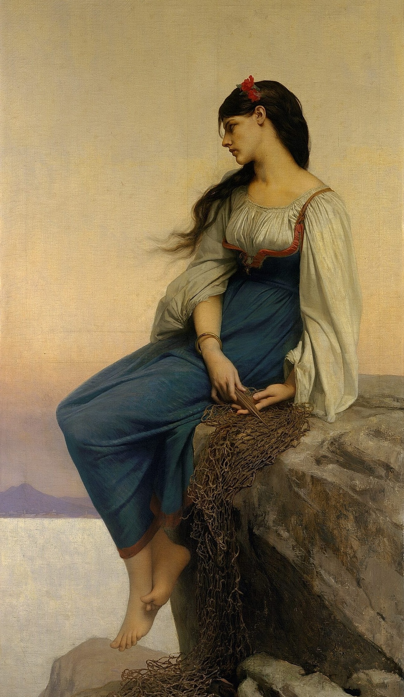 Woman in traditional dress sitting on a rock.