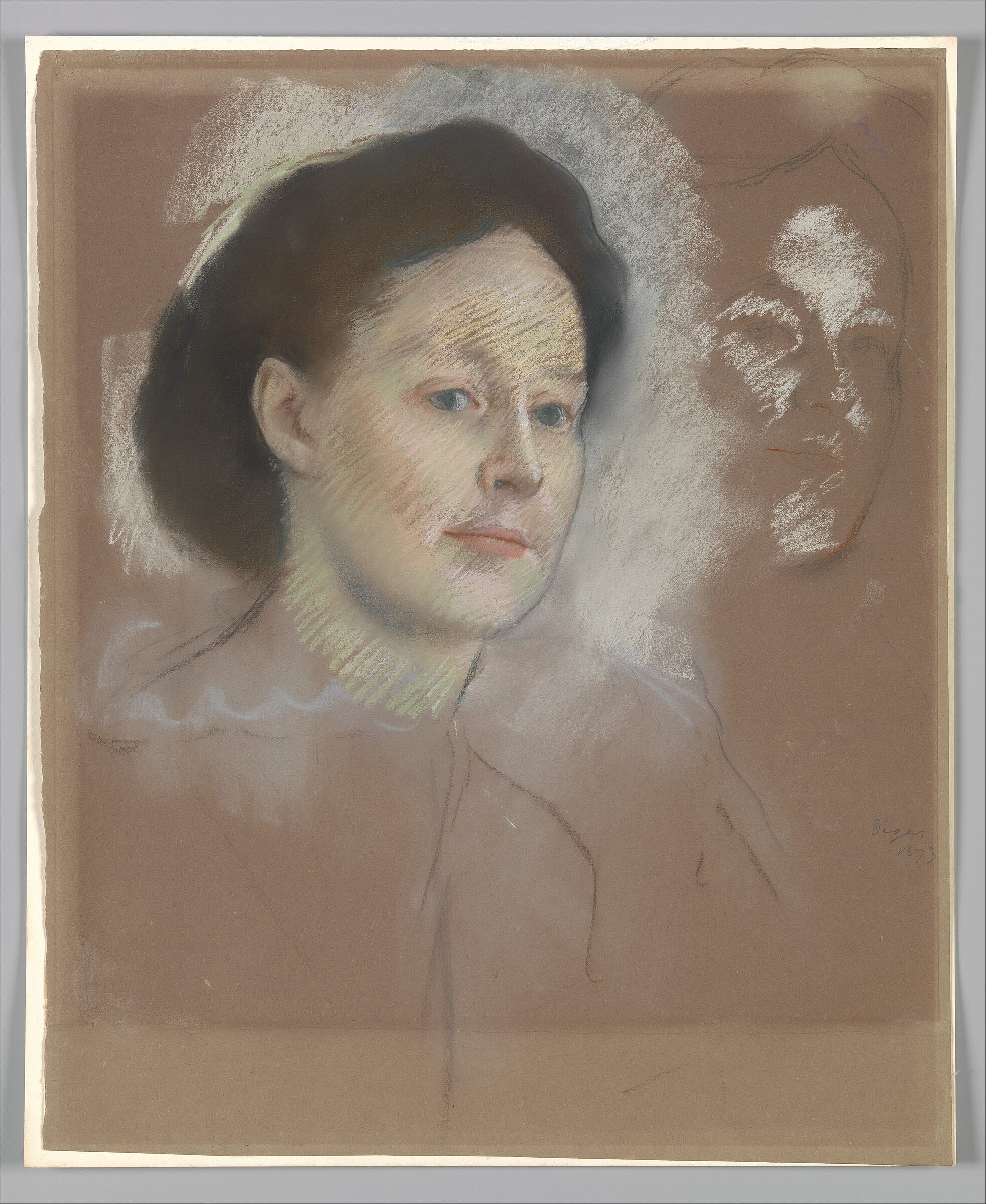 Pastel portrait of a woman on brown paper.